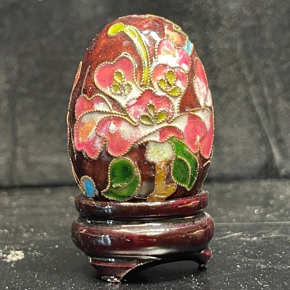 Golden Treasures Cloisonné Egg w/ Wood Stand Enamel Vtg 2.5"